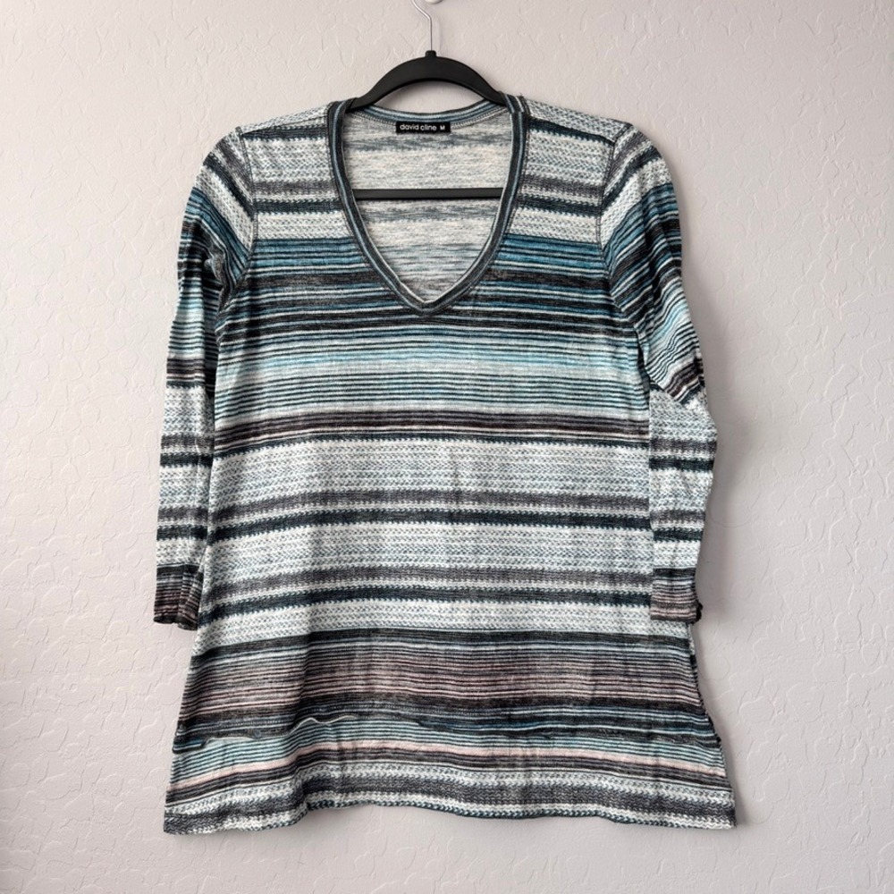 David Cline Medium Tunic Top Teal Blue Striped 3/4 Sleeve V-Neck Crushed Knit